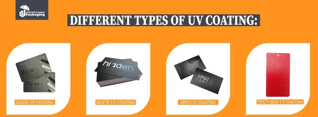 Various types of UV coatings displayed, showcasing their unique finishes and applications in different materials.