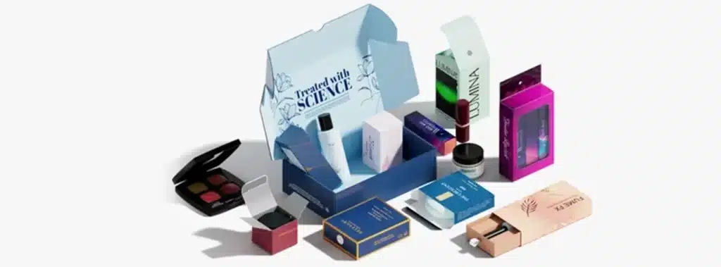 A box displaying various cosmetics and packaging items, showcasing a range of beauty products available