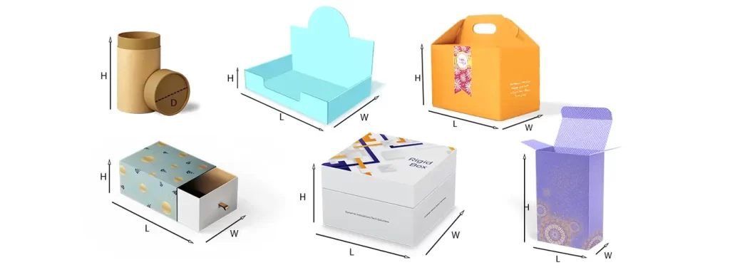 A collection of various packaging boxes, including rigid, display, cubic, cylindrical, drawer, and gable types in different sizes