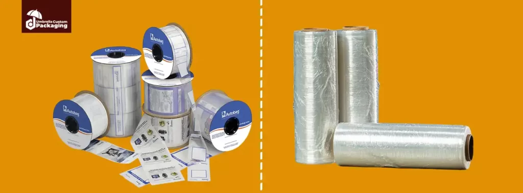 A collection of various plastic wrap rolls, including different types of shrink films, displayed on a neutral background