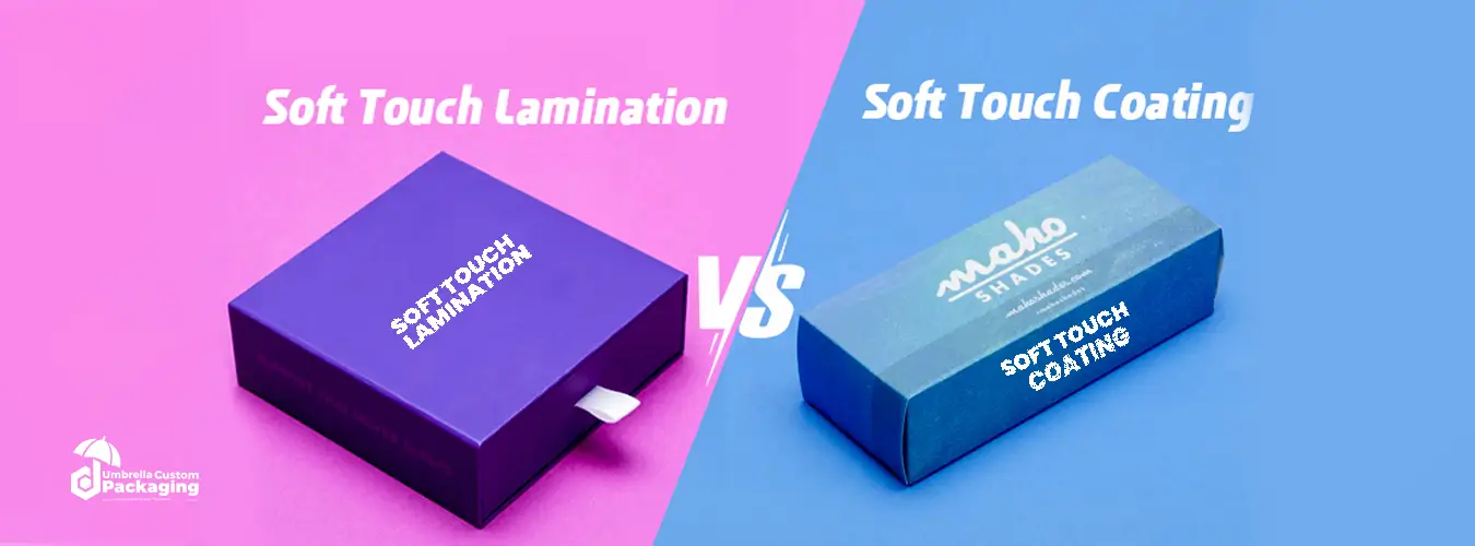 Comparison of soft touch lamination and soft touch coating, highlighting their textures and finishes for enhanced tactile experience