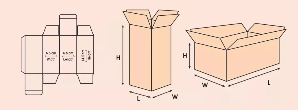 Diagram displaying different box sizes with a focus on their length, width, and height dimensions for clarity