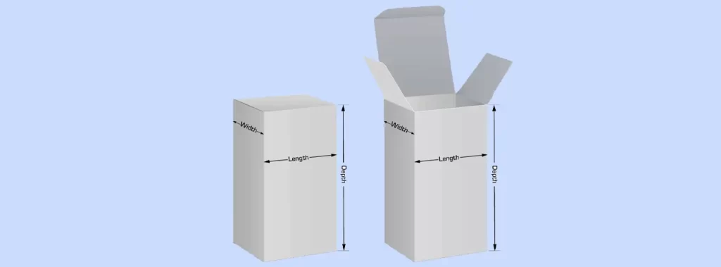 Two boxes with lids are shown, highlighting the taller box's depth as the most prominent dimension compared to its length and width